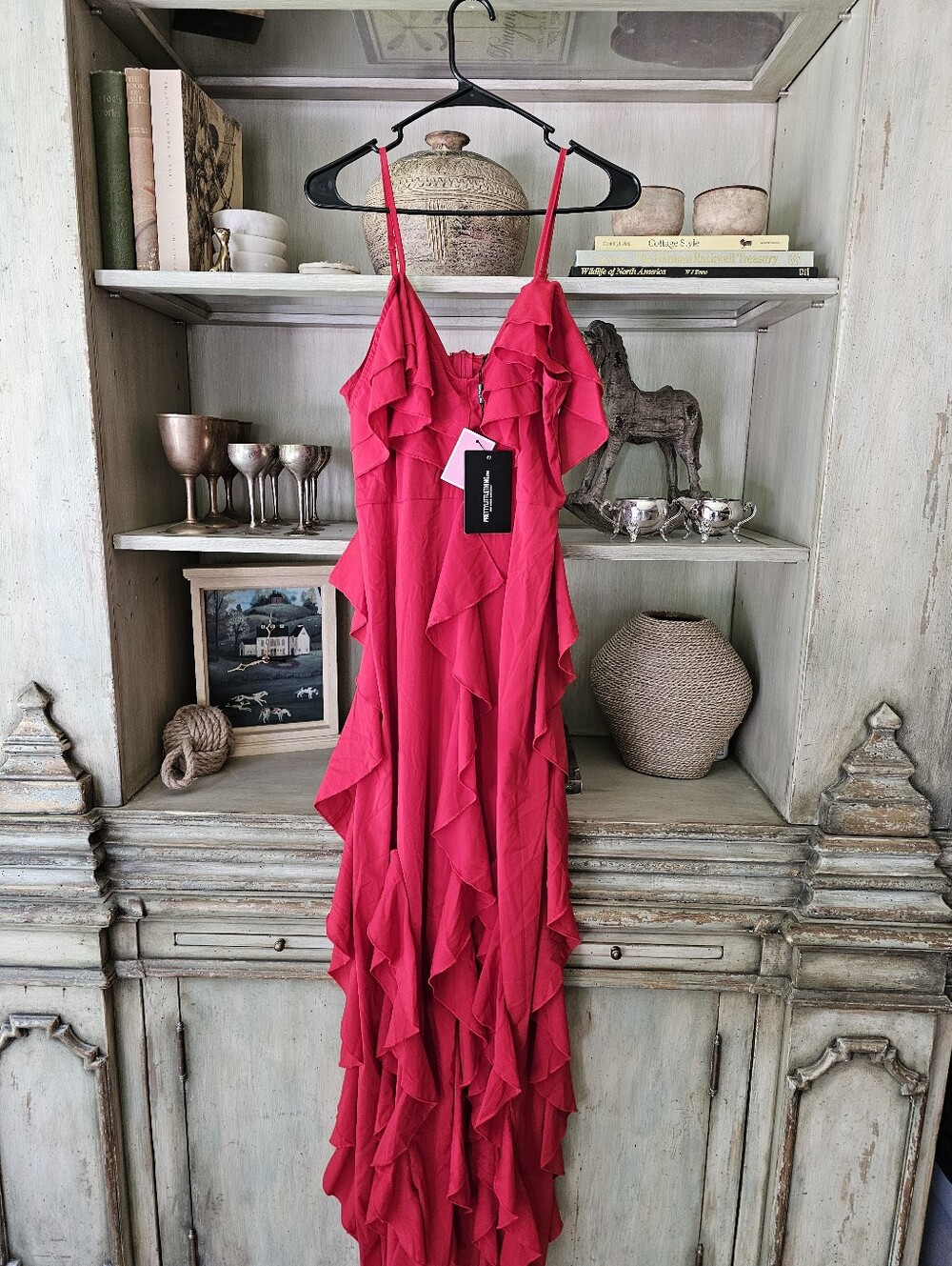$130 NWT PRETTYLITTLETHING Red Cold Shoulder Ruffle Maxi Dress US 10 - Picture 4 of 13